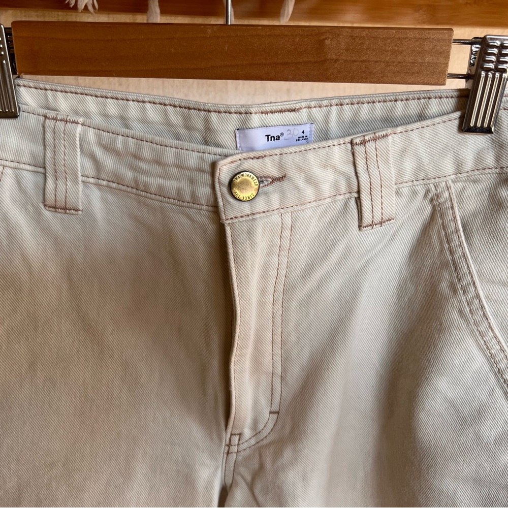 TNA Cream High-Rise Carpenter Jeans with Tan Stitching